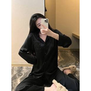 DOEO品牌真丝睡衣女款春秋款长袖薄款高级感黑色桑蚕丝家居服套装