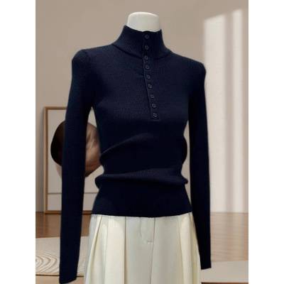 高级感针织衫女秋冬季新款修身显瘦内搭上衣半高领纽扣长袖打底衫