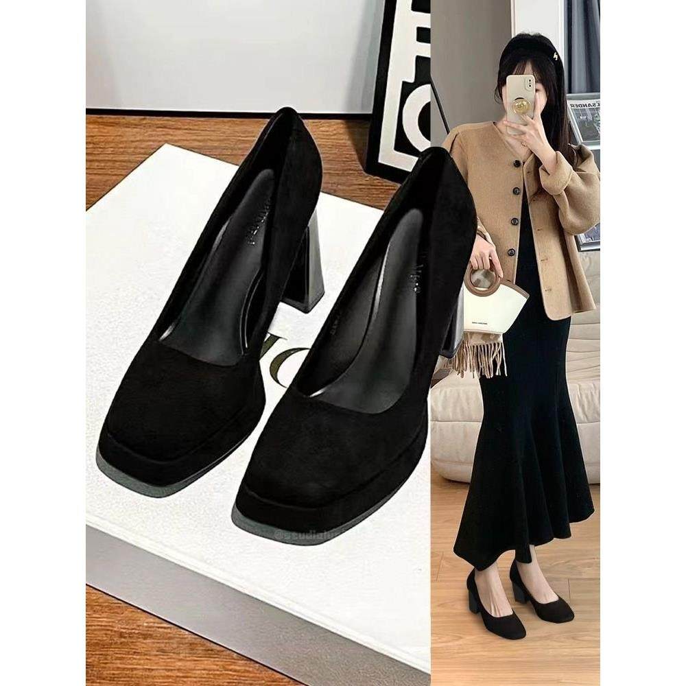 香港时尚羊猄绒百搭高跟鞋女2025春秋方头浅口粗跟显腿长休闲单鞋,女鞋,浅口单鞋,淘宝优惠券,粉丝福利购,淘宝优惠卷