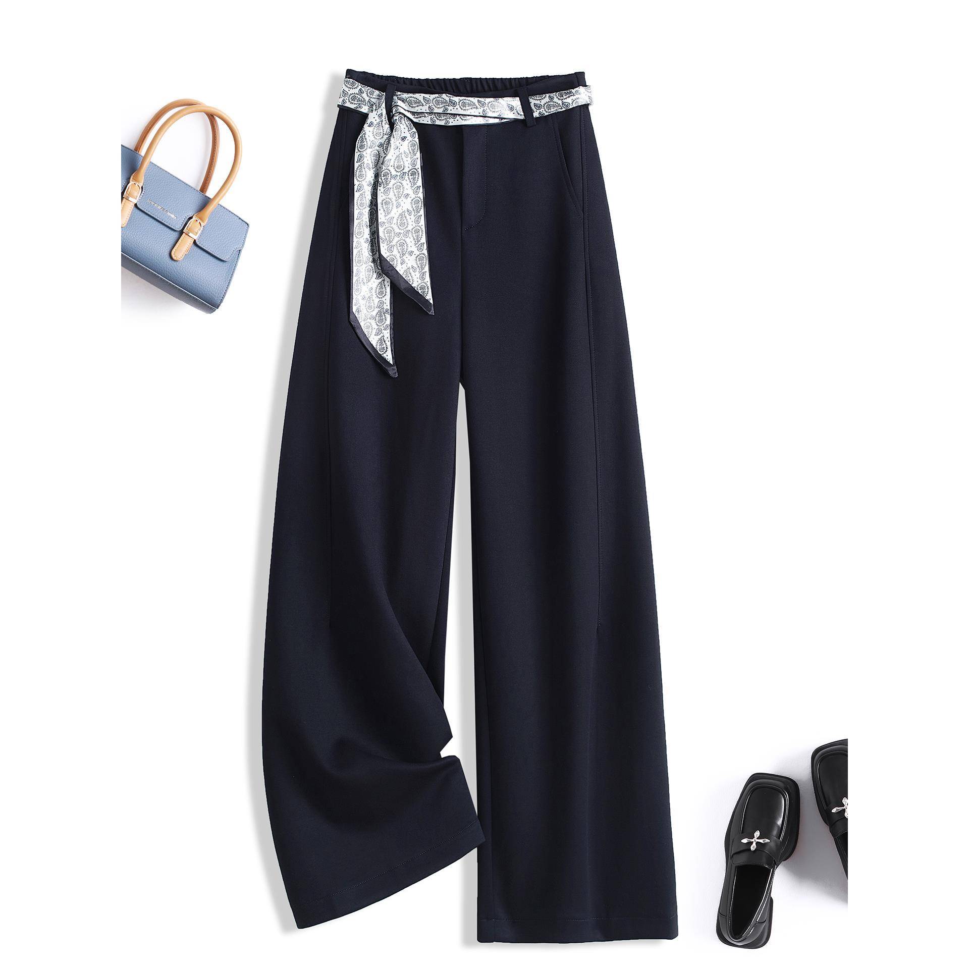 高级感时尚显瘦羊毛阔腿裤女春秋新品丝巾腰带大码长款直筒休闲裤