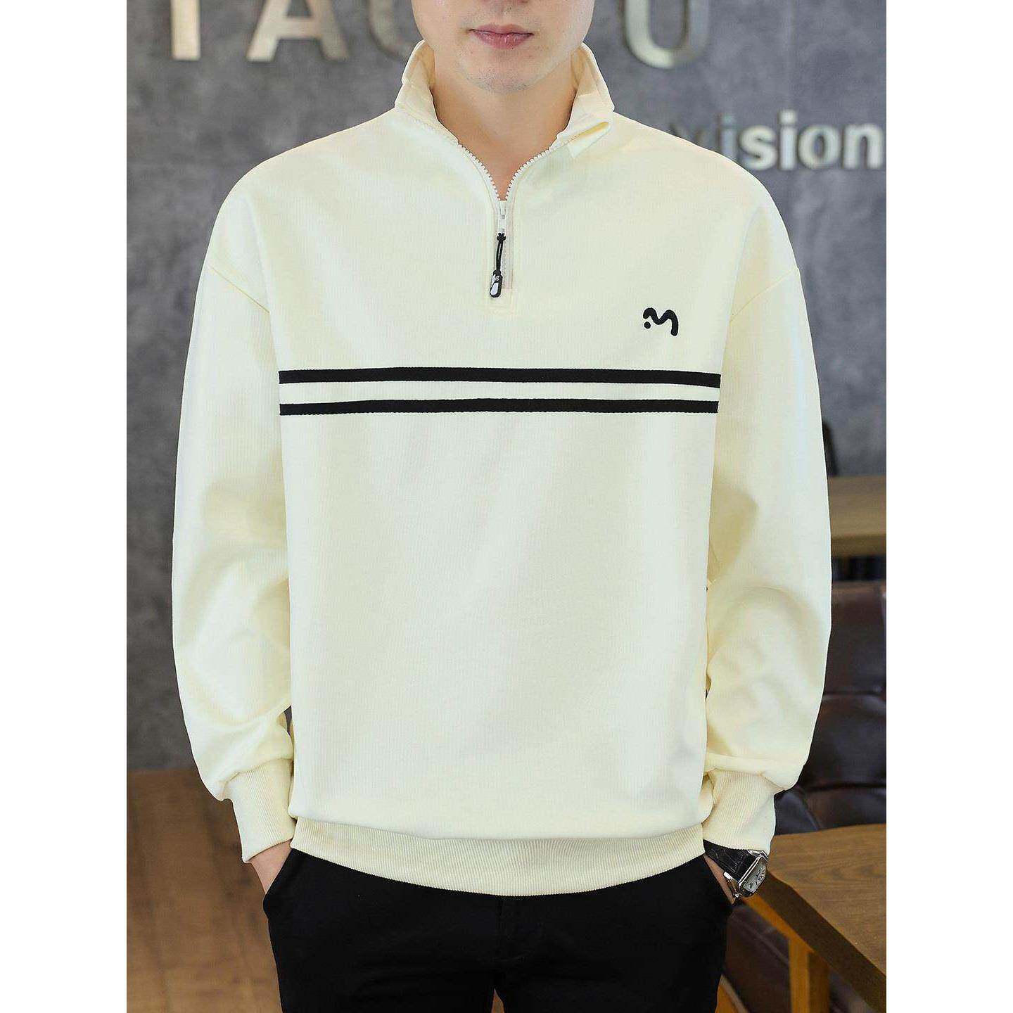 潮牌半拉炼卫衣男款春秋高级感条纹宽松休闲长袖男内搭打底衫上衣