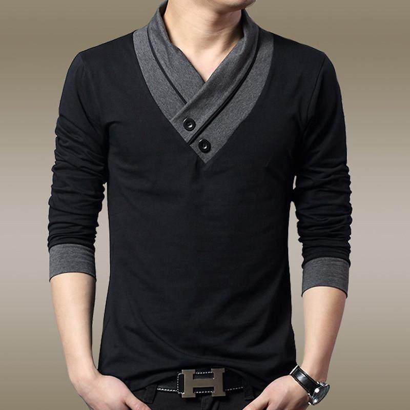 潮牌2525青年长袖t恤男士v领上衣加绒加厚打底衫英伦风休闲大码