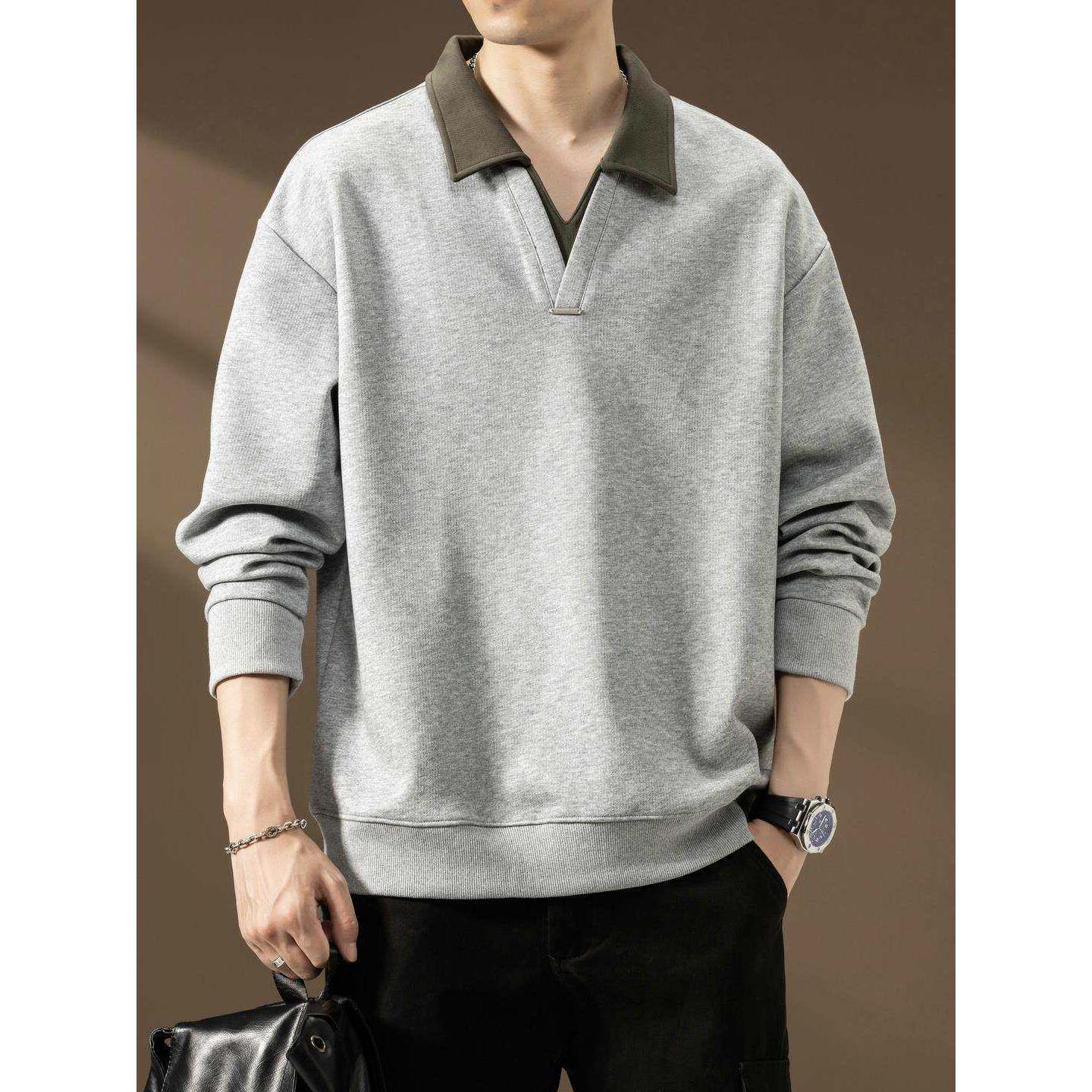 简约撞色翻领卫衣男款春秋季2025新款潮流高级感纯色长袖内搭男装