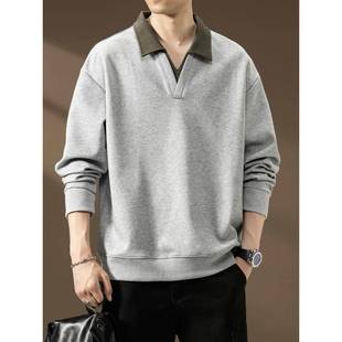 简约撞色翻领卫衣男款春秋季2025新款潮流高级感纯色长袖内搭男装