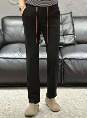 香港轻奢直筒休闲裤男士秋冬季新品简约百搭厚款时尚弹力系绳卫裤