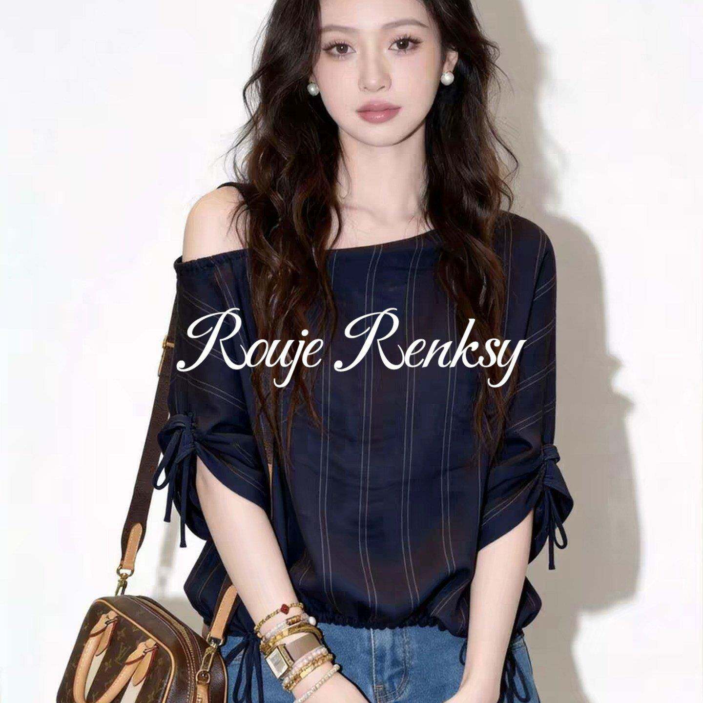 法国Rouje Renksy法式藏蓝色斜肩露肩条纹上衣女夏抽绳百搭小衫