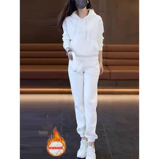 欧洲站白色运动套装女春秋冬2025年新款休闲时尚加绒卫衣女两件套