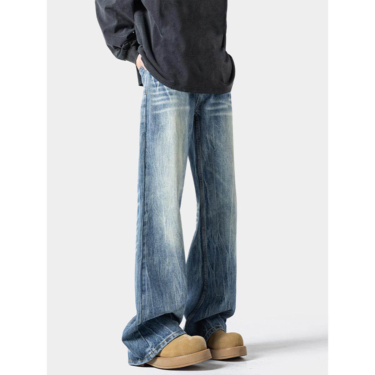 覆古闪电纹微喇牛仔裤男生潮牌新款水洗宽松直筒显瘦高街痞帅长裤