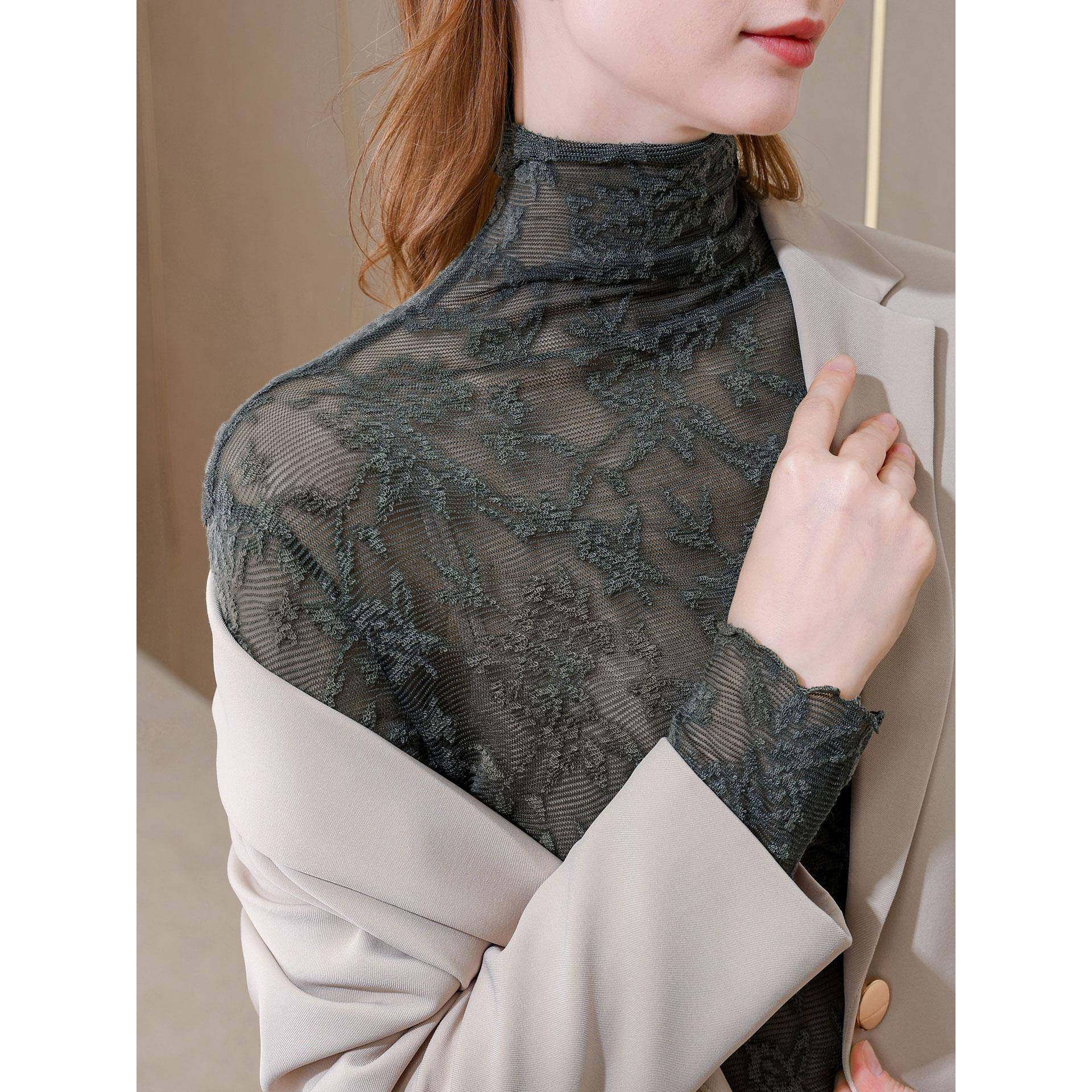 高领蕾丝打底衫女士秋冬季新款时尚印花内搭网纱加绒洋气百搭上衣