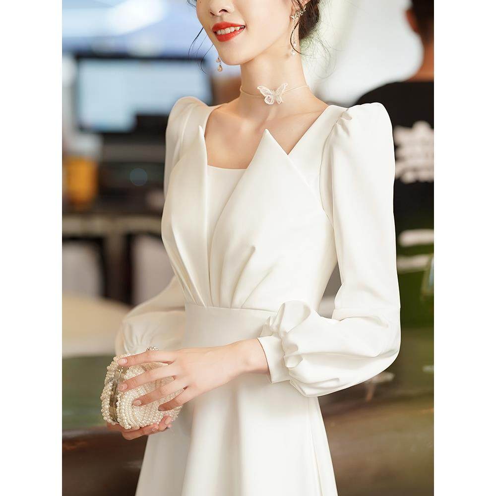 Ocnltiy晚礼服女年会缎面主持人法式领证登记小白裙订婚长版长袖