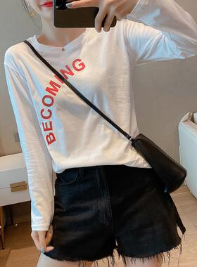 韩国白色t恤女长袖2023早秋新款潮ins宽松韩版洋气上衣纯棉打底衫