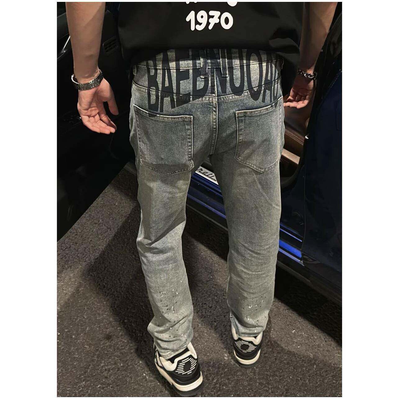春秋新款欧洲站复古时尚泼墨牛仔裤男士直筒弹力青春休闲长裤子