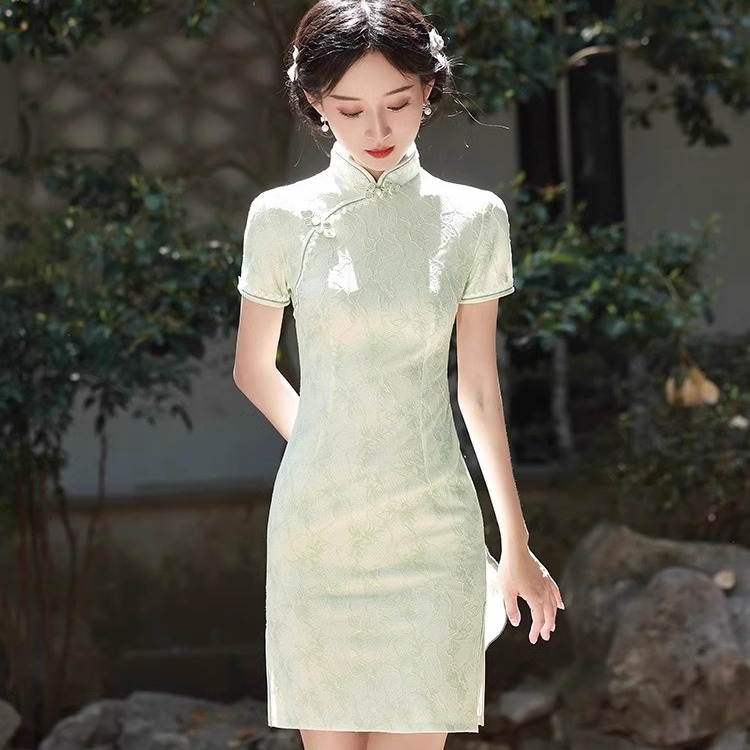 欧洲站2025年夏季新款绿色新中式旗袍连衣裙女改良小个子短款