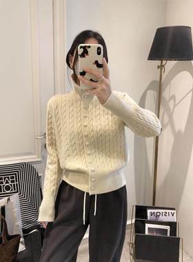 羊毛针织开衫的妇女2025年春季新妇女服装Trbottomy捻单排扣高领