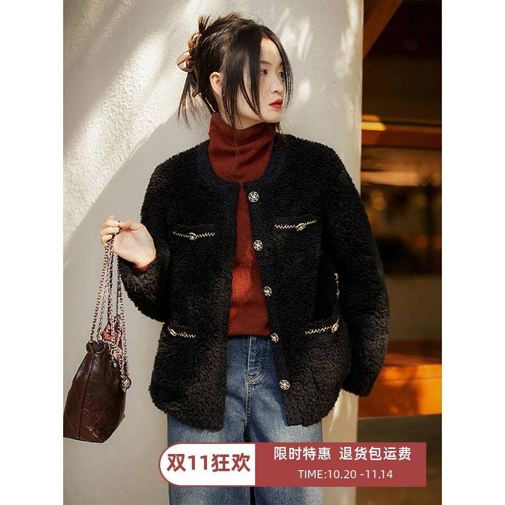 100%羊毛气质圆领羊剪绒皮草女皮毛一体新短款小香风羊羔毛外套冬