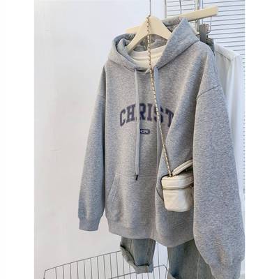 潮牌灰色连帽卫衣女2025春秋冬新款宽松加绒加厚慵懒风小个子上衣