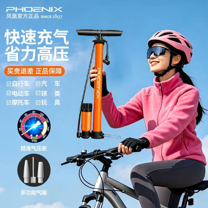 凤凰自行车打气筒家用电动车汽车充气管子单车玩具通用便携高压泵