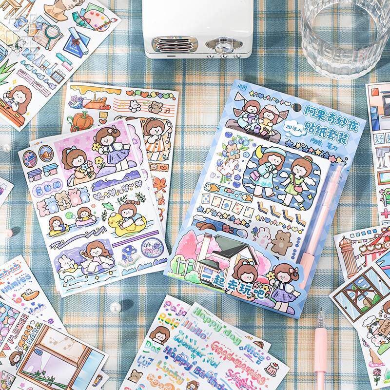 茂墨贴纸笔刀套装 卡通人物女孩brush英文手帐造景拼贴