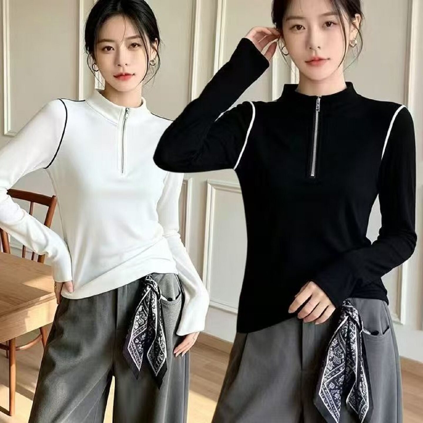 早秋新款休闲百搭半拉链立领长袖打底衫洋气显瘦遮肚子翻领上衣女