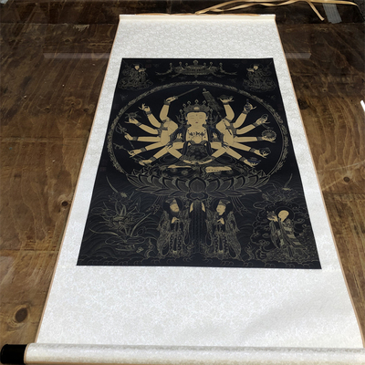 明代佛画 准提菩萨坐像靛蓝立轴微喷复制装饰佛像画36x55.7厘米