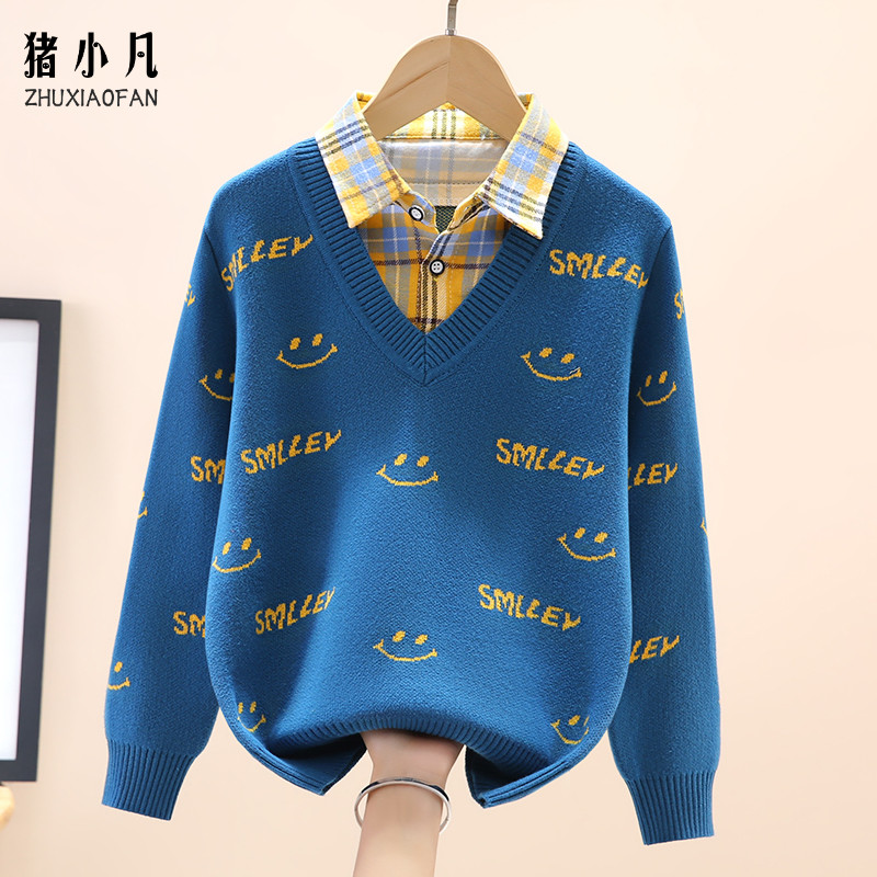 秋冬男童毛衣加绒加厚假两件