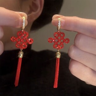 中国结长款流苏耳环2026新款爆款高级秋冬耳钉女小众独特过年耳饰