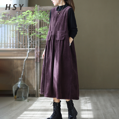 圆领灯芯绒无袖连衣裙女秋冬款覆古休闲气质裙子宽松显瘦洋气长裙