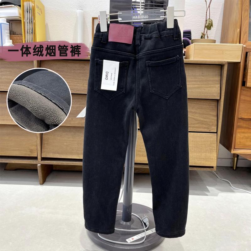 女童秋冬黑色修身加绒烟管裤