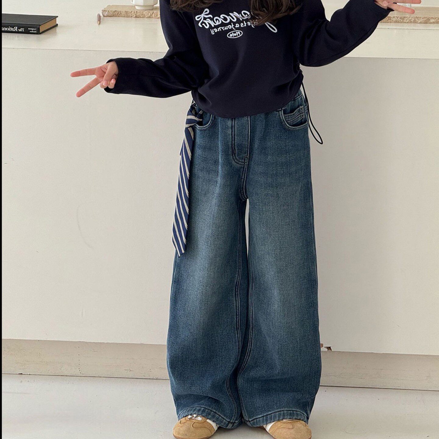 冬季女童中大童加绒牛仔直筒裤