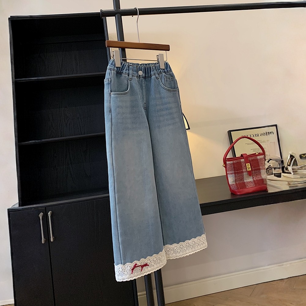 女童蕾丝花边加绒牛仔裤2025冬装新款韩版阔腿裤中大童宽松直筒裤