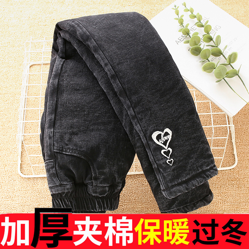 儿童女三层加绒加厚棉裤冬季外穿黑色女孩中大童牛仔裤弹力打底裤