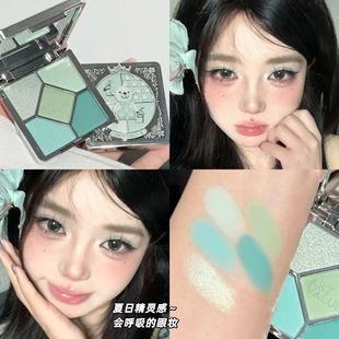 鞠式精炅眼妆!绿色五色眼影盘清透薄荷绿低饱和哑光细闪温柔纯欲