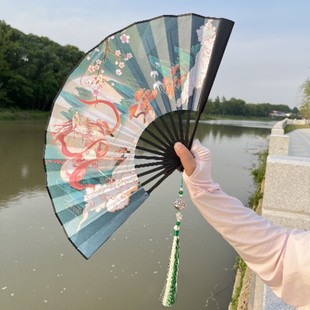 九尾狐扇子复古风男女霸气舞蹈流苏折扇动漫中国风汉服配饰绢布扇