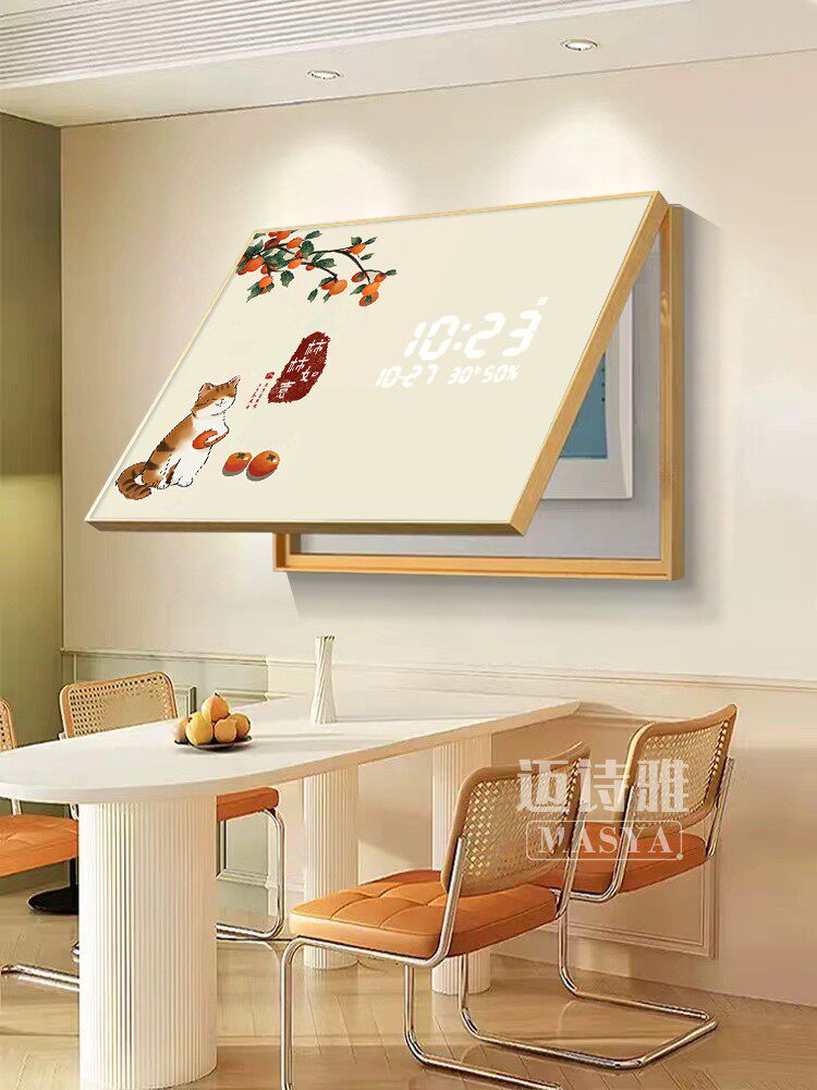 新型中国风仪表箱无冲孔挂钟装饰画开关箱挡画配电箱数显挂钟画
