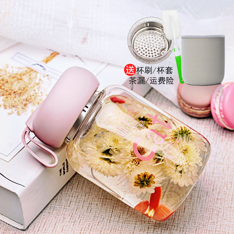 可爱水杯玻璃杯女加厚耐热便携夏季带茶隔水杯子女生高颜值花茶杯