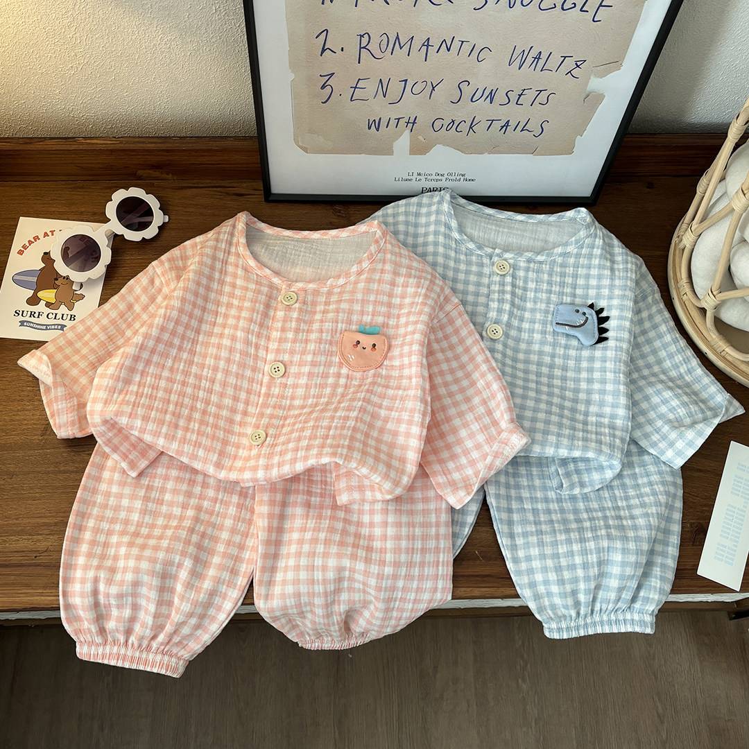 新款儿童纯棉纱布睡衣秋季薄款女童家居服套装男童宝宝长袖居家服