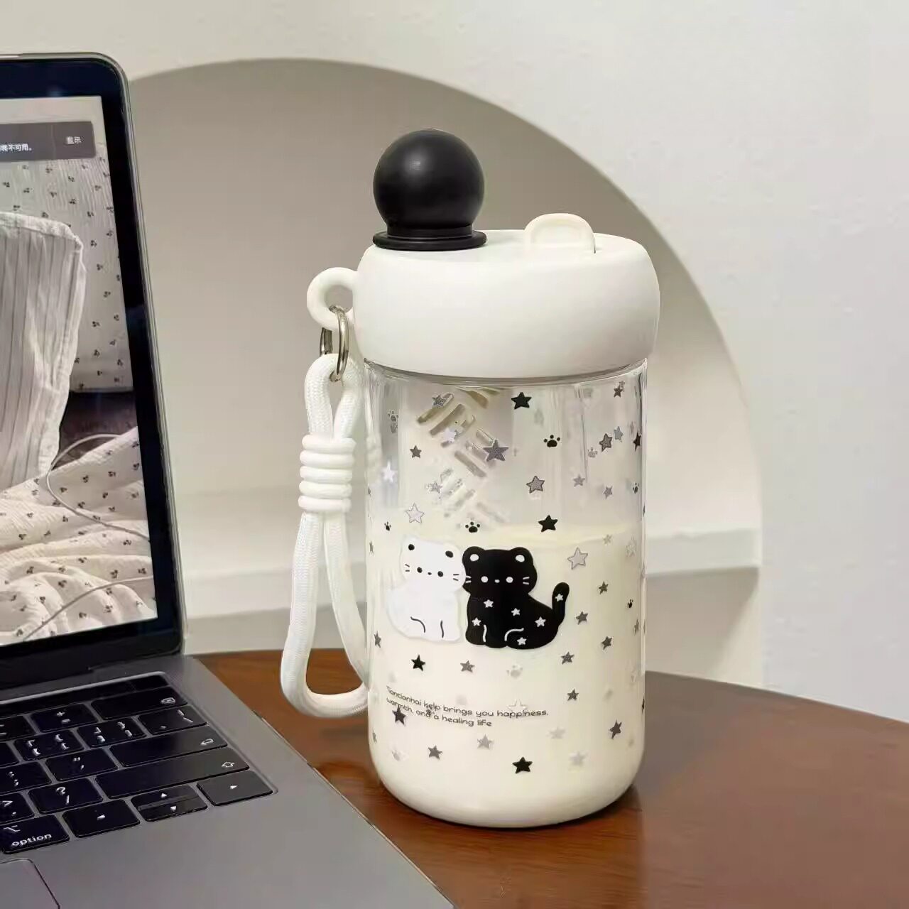星星猫吸管水杯女生高颜值便携双饮学生上学专用可爱牛奶杯子夏日