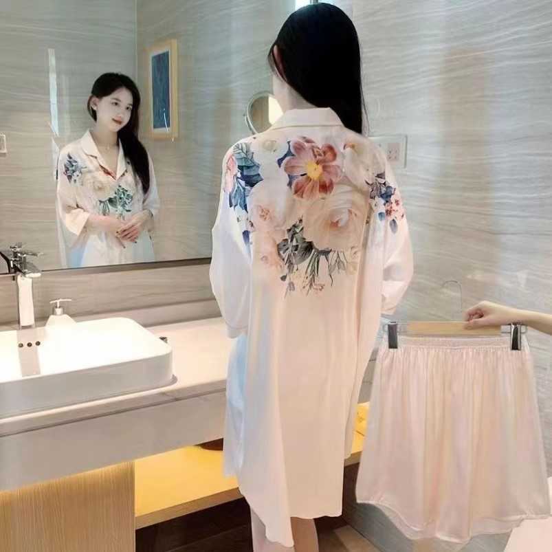 爆款网红冰丝睡裙女新款短袖高级花卉大码衬衫裙家居服百搭套装
