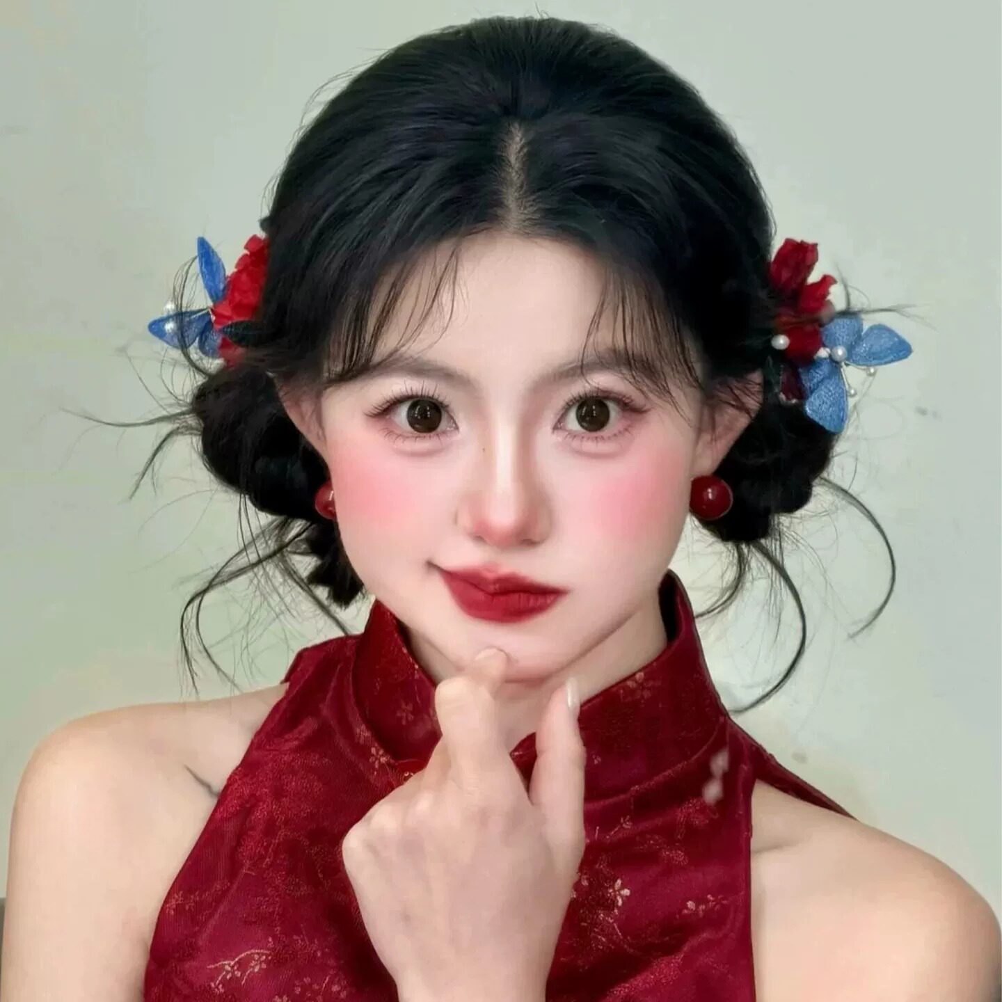 红色花朵头饰新娘敬酒服蝴蝶发夹新中式古风盘发头饰订婚旗袍配饰