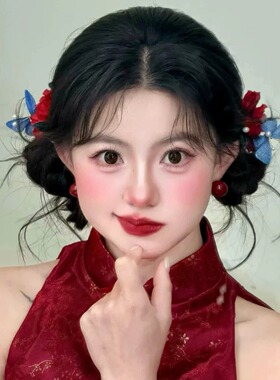 红色花朵头饰新娘敬酒服蝴蝶发夹新中式古风盘发头饰订婚旗袍配饰