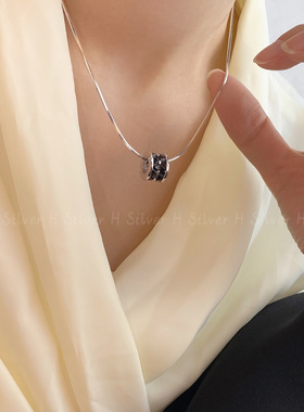 《黑色系》韩版时尚冷淡风黑色路通吊坠项链s925银饰锆石吊坠项链