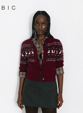 CUBIC复古猫咪趣味提花混纺开衫费尔岛红色针织衫短款毛衣EK2007