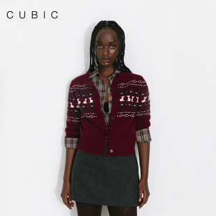 毛衣EK2007 短款 CUBIC复古猫咪趣味提花混纺开衫 费尔岛红色针织衫