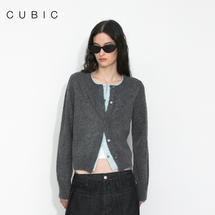 EK2002 针织开衫 CUBIC经典 羊毛混纺趣味撞色拼接假两件毛衣短款