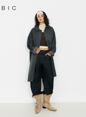CUBIC经典廓形翻领双面穿格纹拼接设计深灰色百搭长款双面风衣