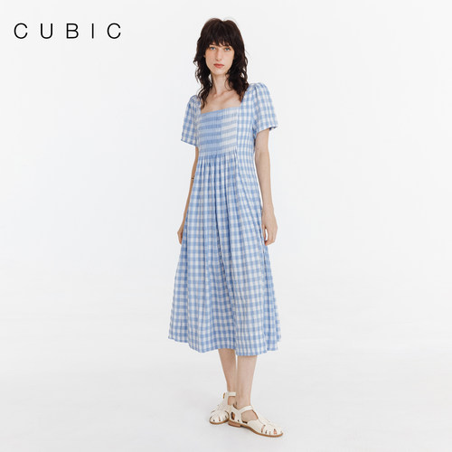 CUBIC一字领渐变格纹镂空收腰裙