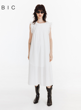 CUBIC蕾丝花边气质H版型简约圆领棉质中长款无袖白色连衣裙