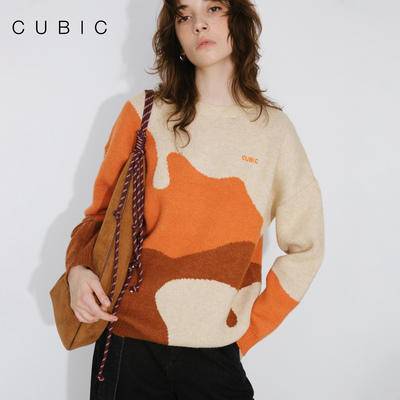 CUBIC水滴拼色宽松圆领毛衣