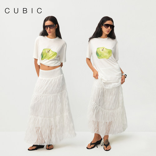 CUBIC波浪压褶打揽网纱半裙