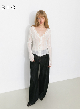 CUBIC极简vintage风马海毛羊毛混纺基础V领修身开衫